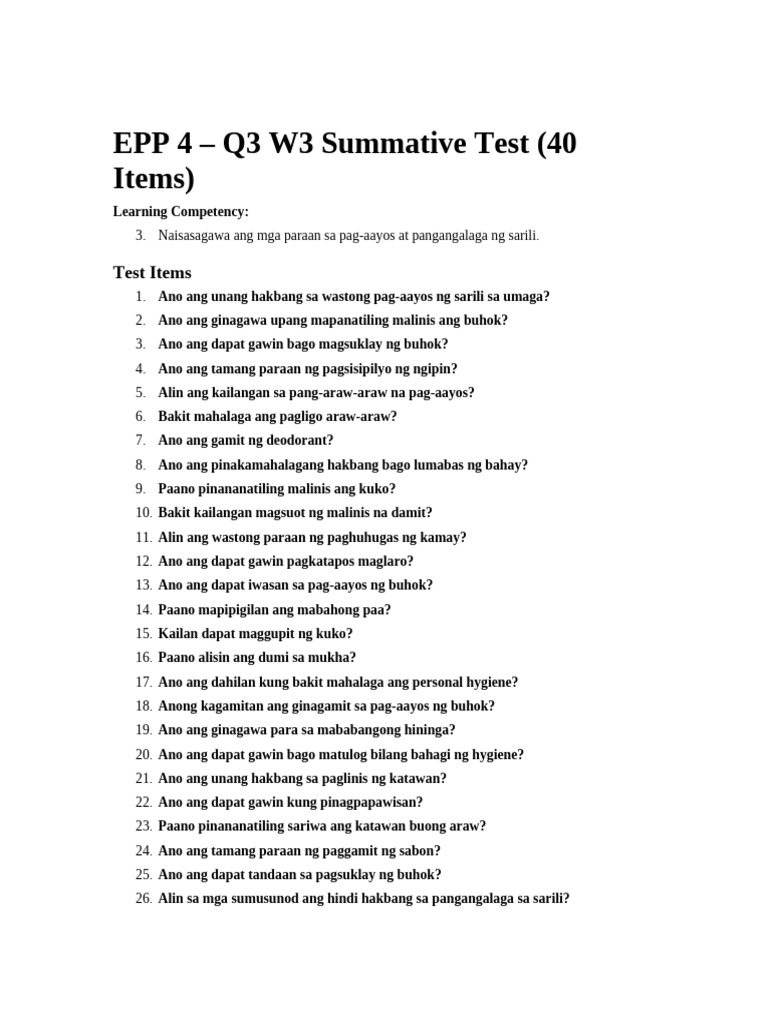EPP 4 - Q3 W3 Summative Test (40 Items) With Answer Key | PDF