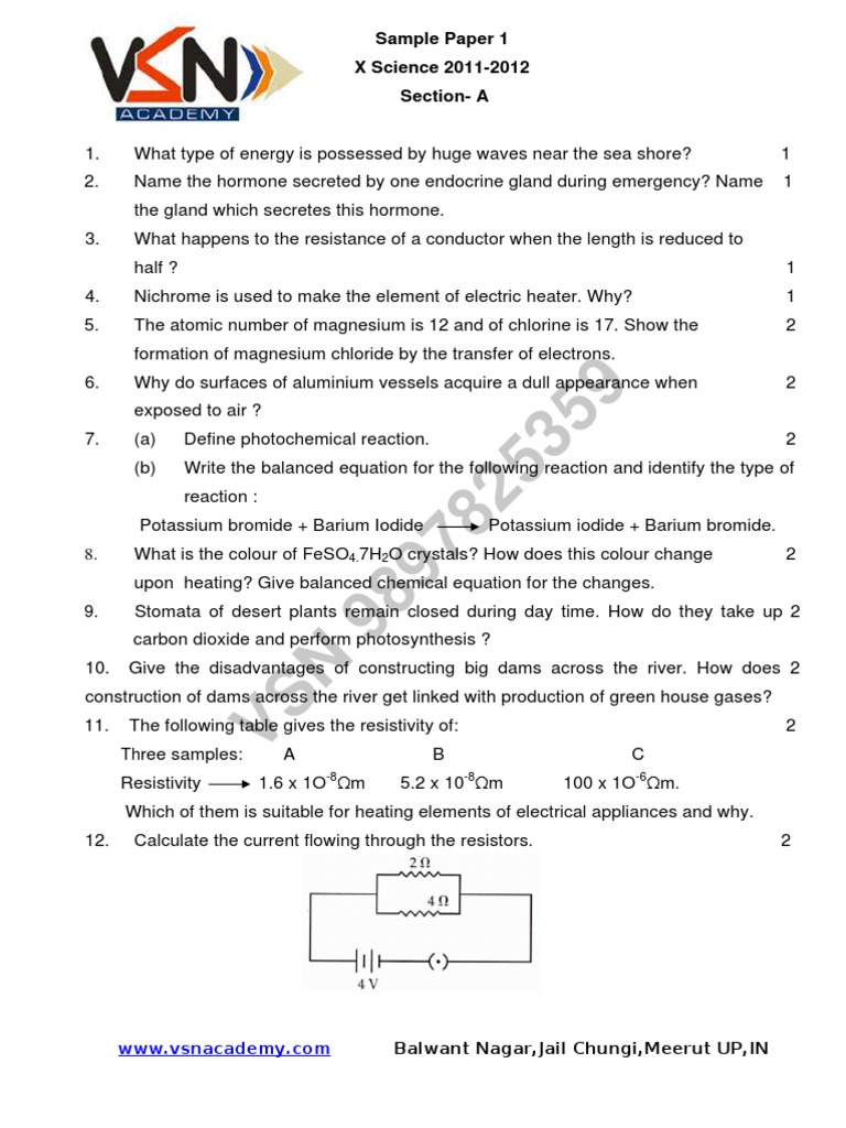 Science Sample Paper 1 for Class X | PDF | Redox | Chemical Reactions