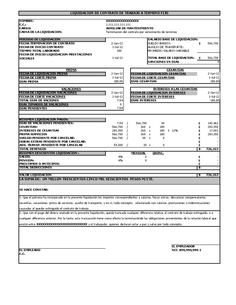 Formato Para Liquidar Contrato de Trabajo a Termino Fijo