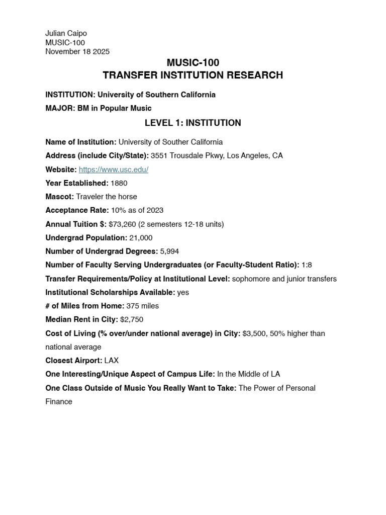 USC Popular Music Transfer Guide | PDF | Cost Of Living | Undergraduate ...