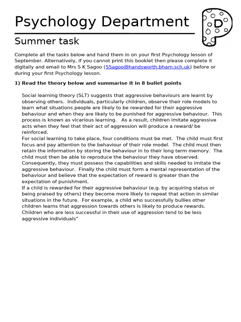 Psychology Summer Task Overview | PDF | Behavioural Sciences | Psychology