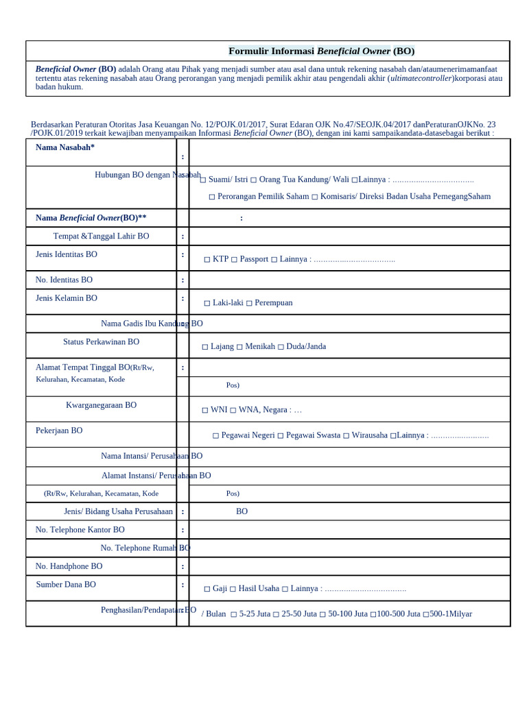 Formulir Informasi Beneficial Owner BO | PDF