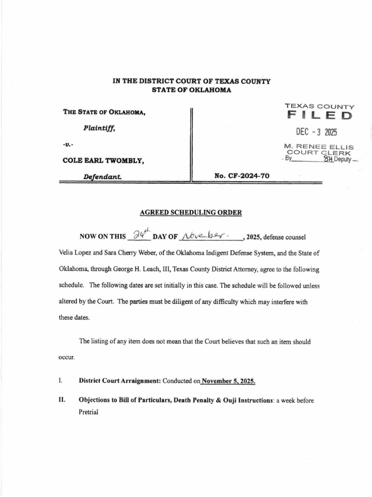 Scheduling Order For Cole Twombly | PDF