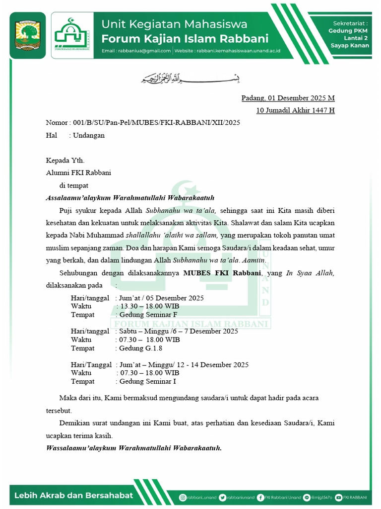 Undangan MUBES FKI Rabbani 2025 | PDF