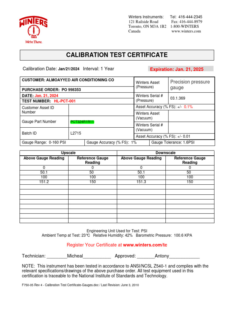 Calibration Test Certificate for Pressure Gauge | PDF | Calibration | Gases