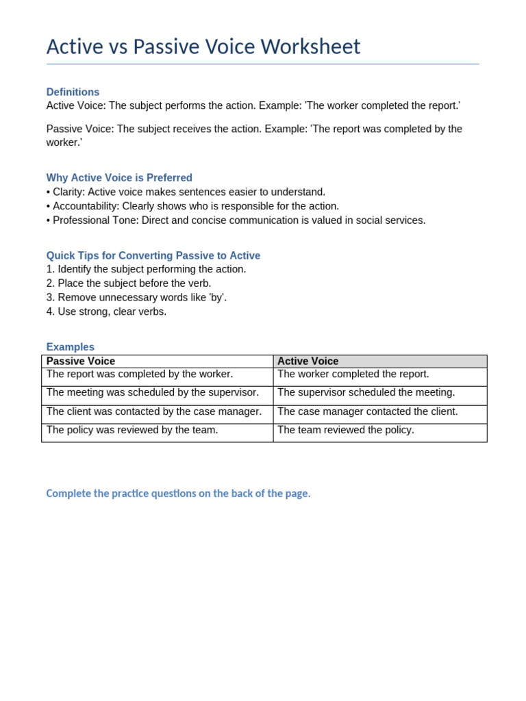 Active vs Passive Voice Worksheet | PDF