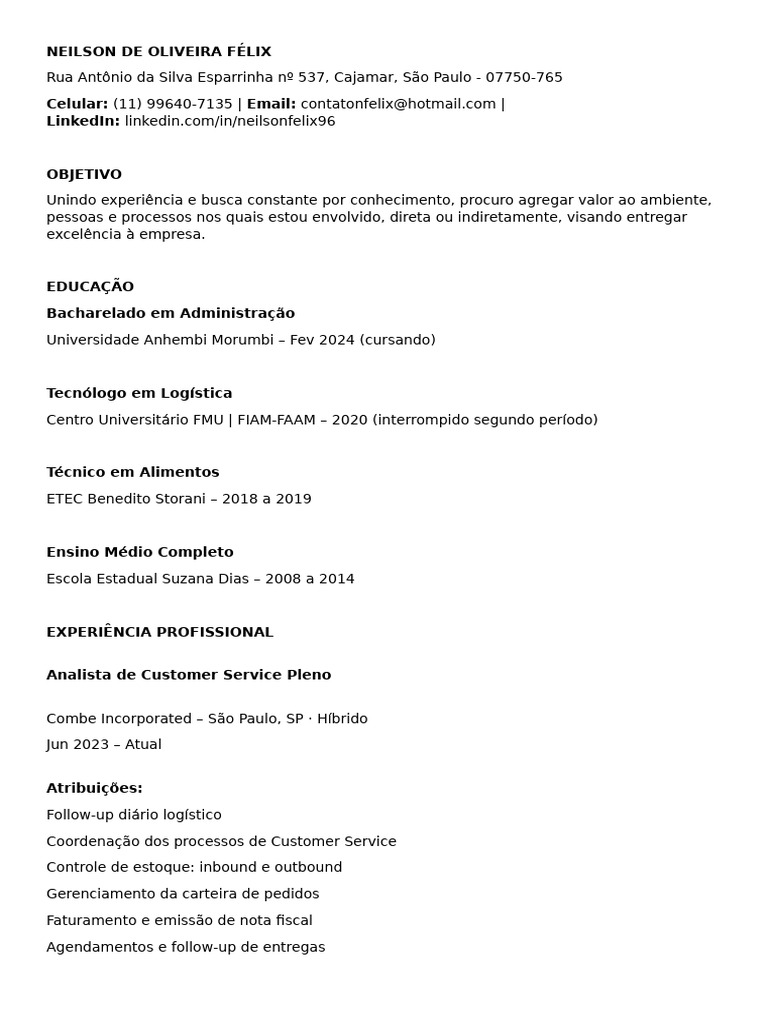 Currículo de Neilson Félix: Logística e CS | PDF | Business
