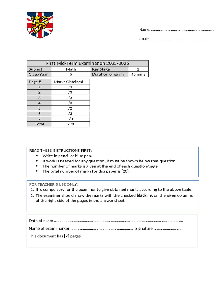 Math Mid-Term Exam 2025-2026 KS2 | PDF | Mathematics | Elementary ...