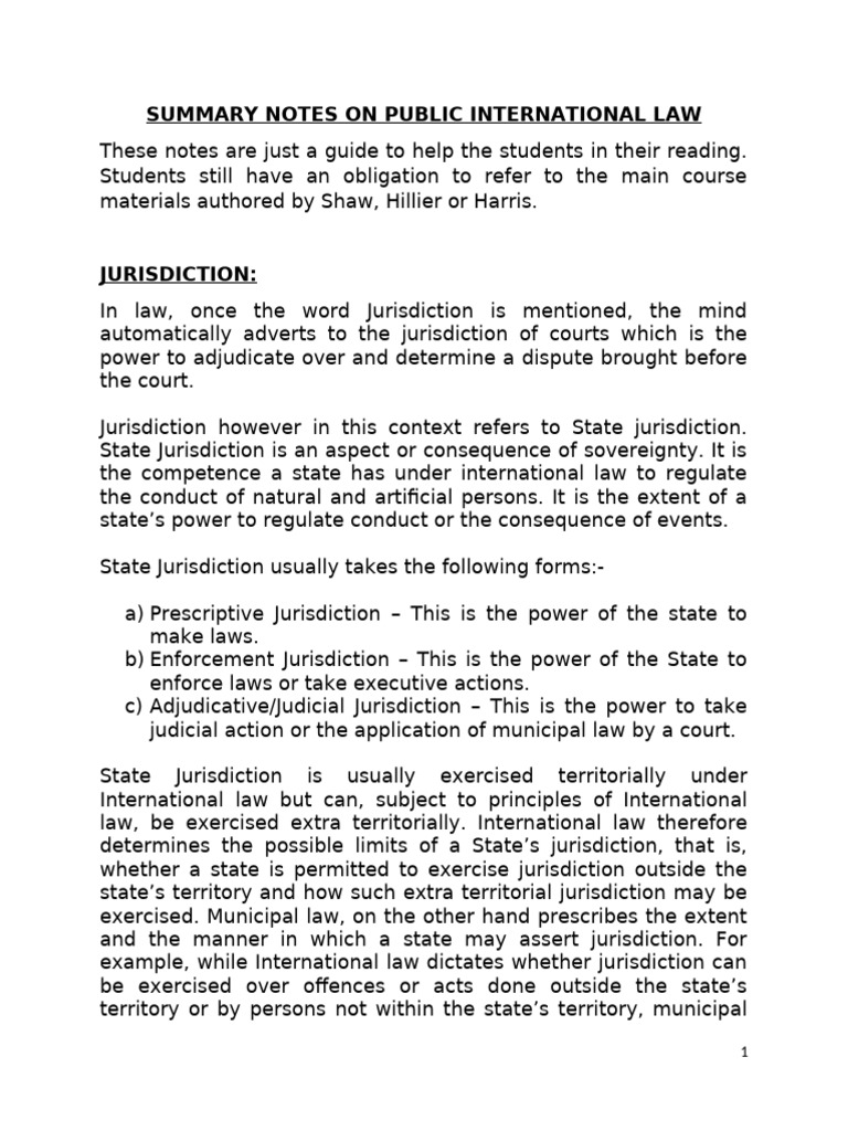 Notes On Public International Law | PDF | Jurisdiction | Extradition
