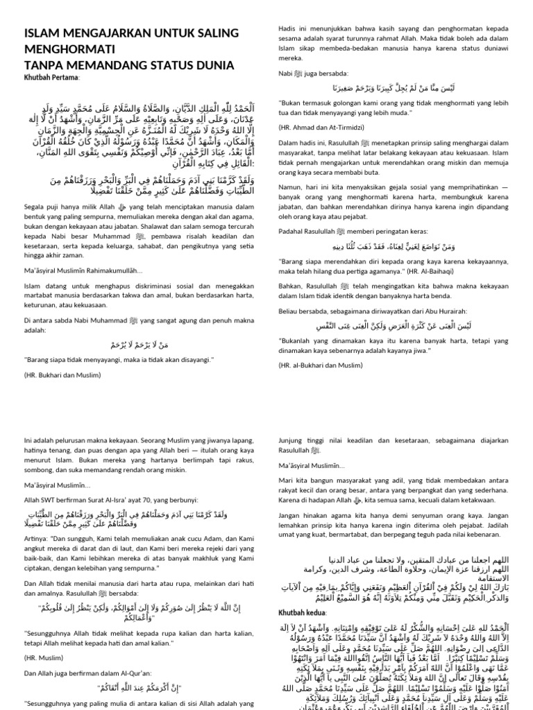 Khutbah - Saling Menghormati Tanpa Memandang Status Sosial | PDF