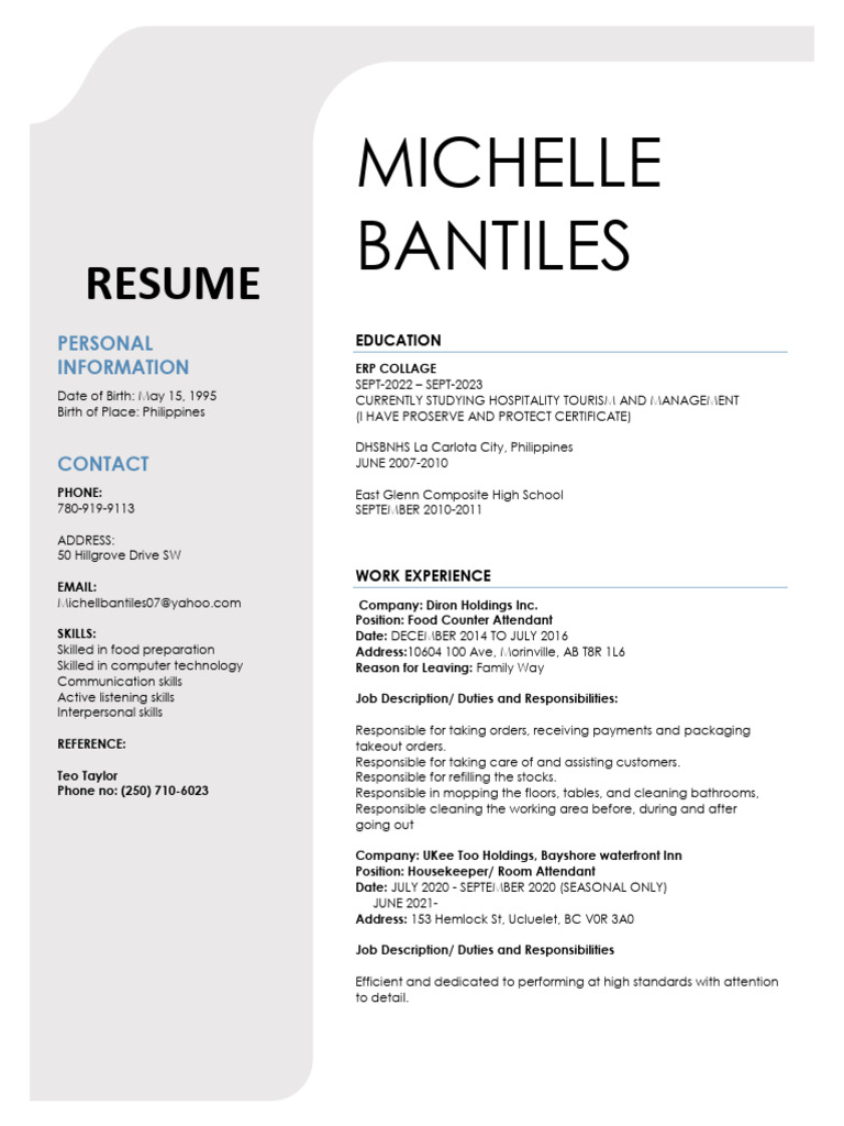 Michelle Bantiles Resume: Hospitality Skills | PDF