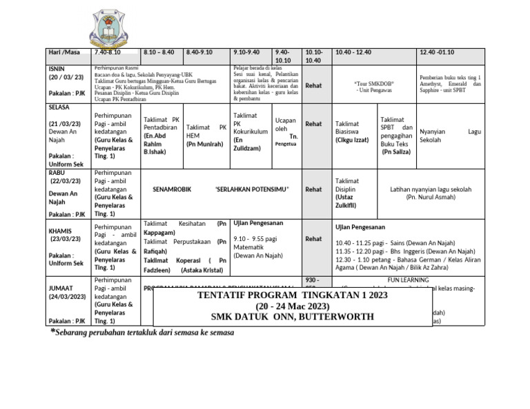 Tentatif Ting 1 2023 New | PDF