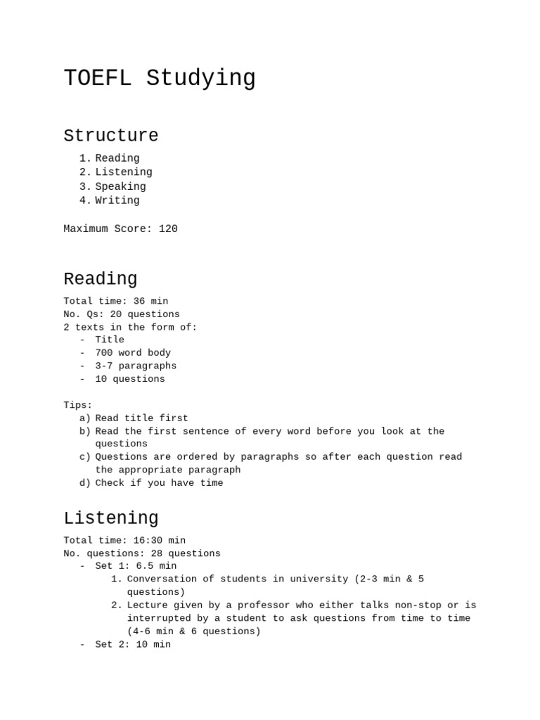 TOEFL Study Guide: Reading, Listening, Speaking, Writing | PDF ...