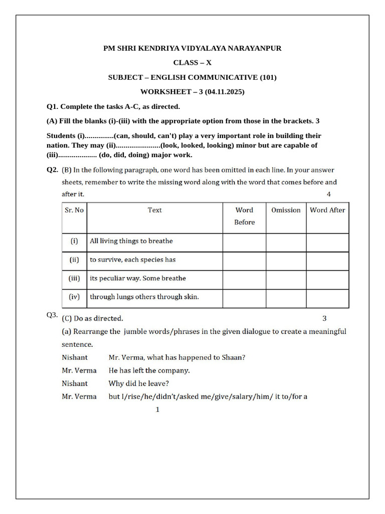 Class X English Communicative Worksheet | PDF