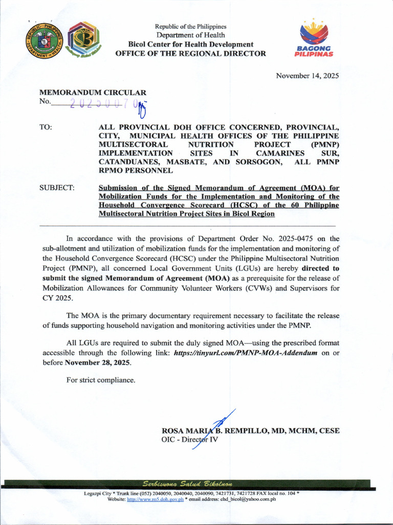 Memorandum Circular No. 2025 0070 Submission of The Signed MOA | PDF
