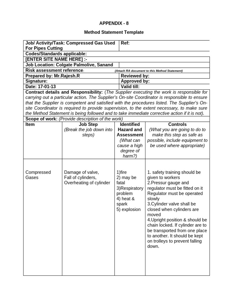 Compressed Gas Safety Method Statement | PDF | Risk | Occupational ...