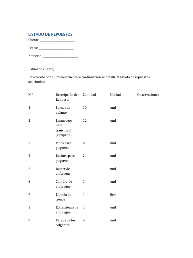 Listado de Repuestos Solicitados | PDF