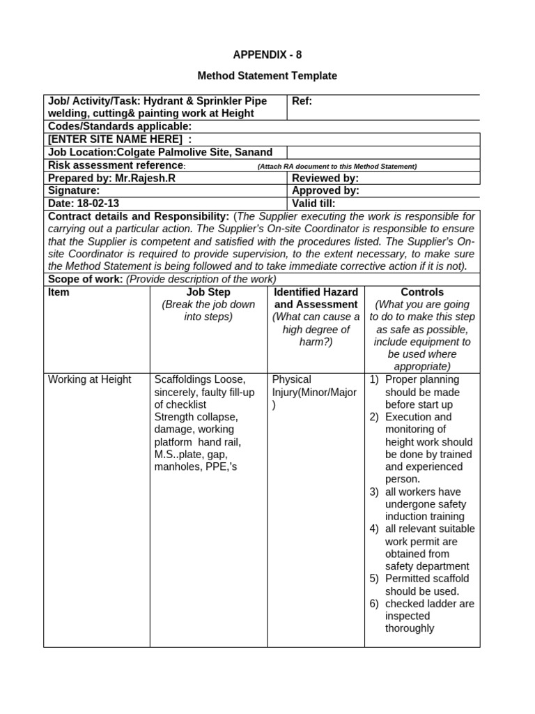 Method Statement for Pipe Work Safety | PDF | Risk | Hazards