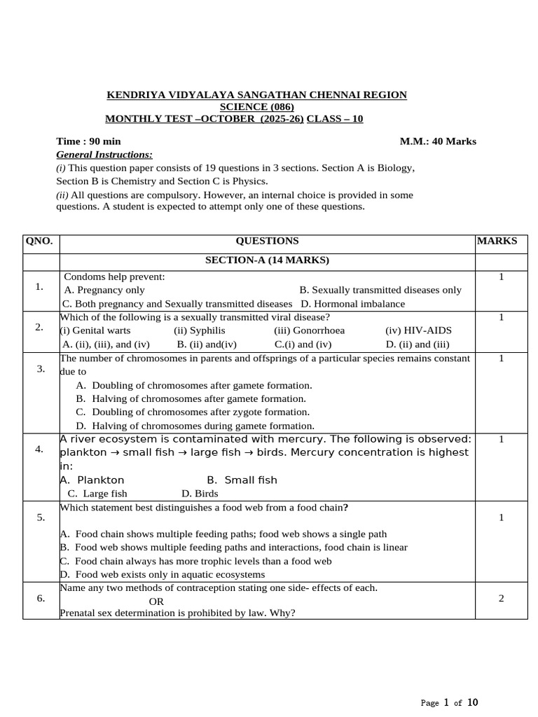 Class 10 Science Monthly Test - October 2025-26 | PDF | Uterus | Metals