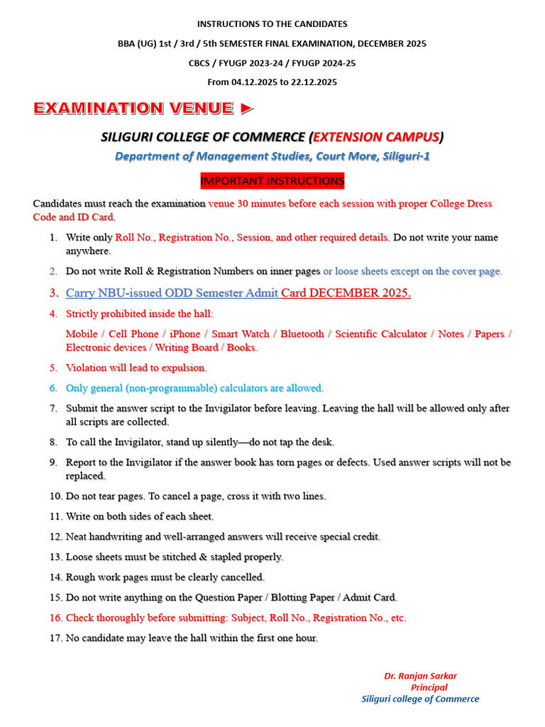 Bba Instructions To The Candidates December 2025 | PDF