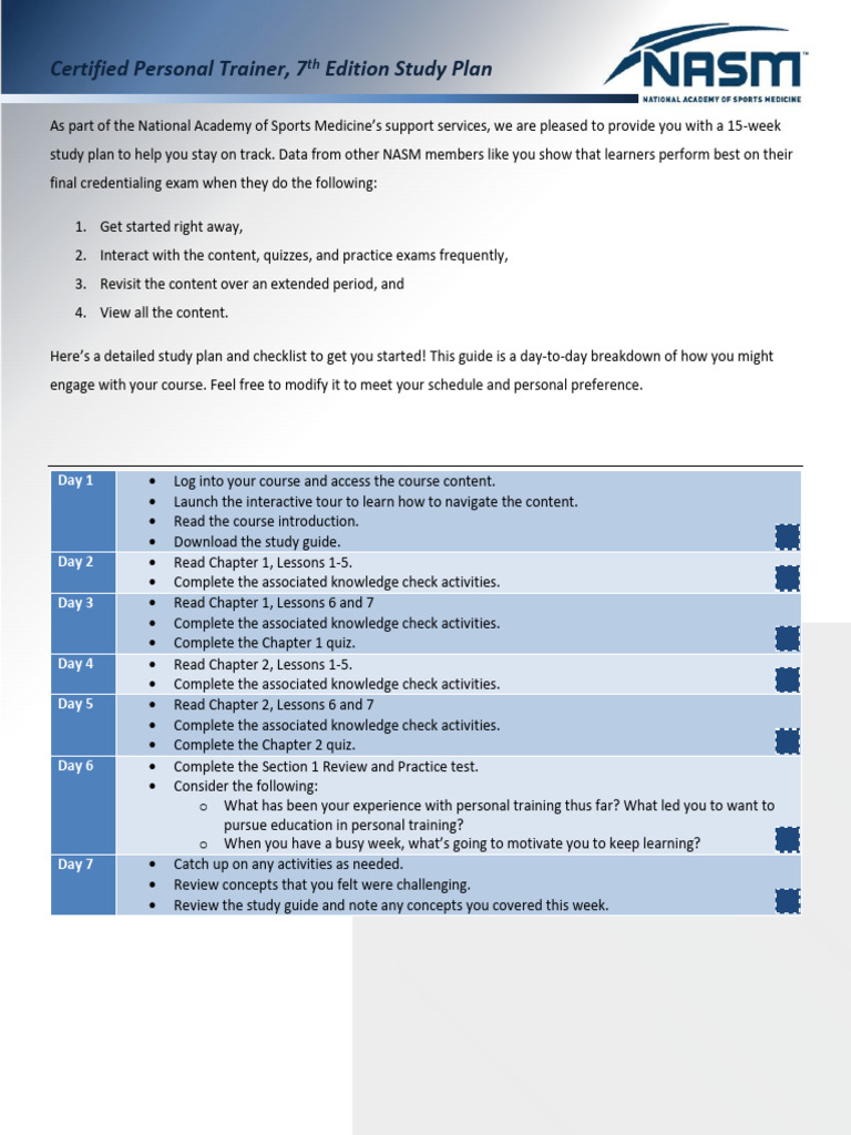 NASM Personal Trainer Study Plan | PDF | Behavior Modification | Learning