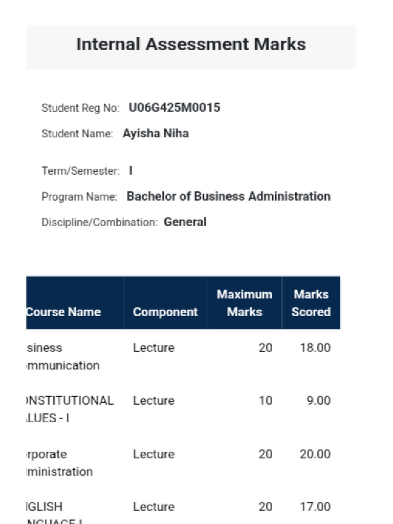 Student Internal Assessment Marks | PDF
