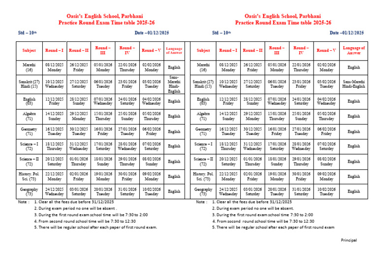 Practice Round Exam Time Table 2025-26 | PDF