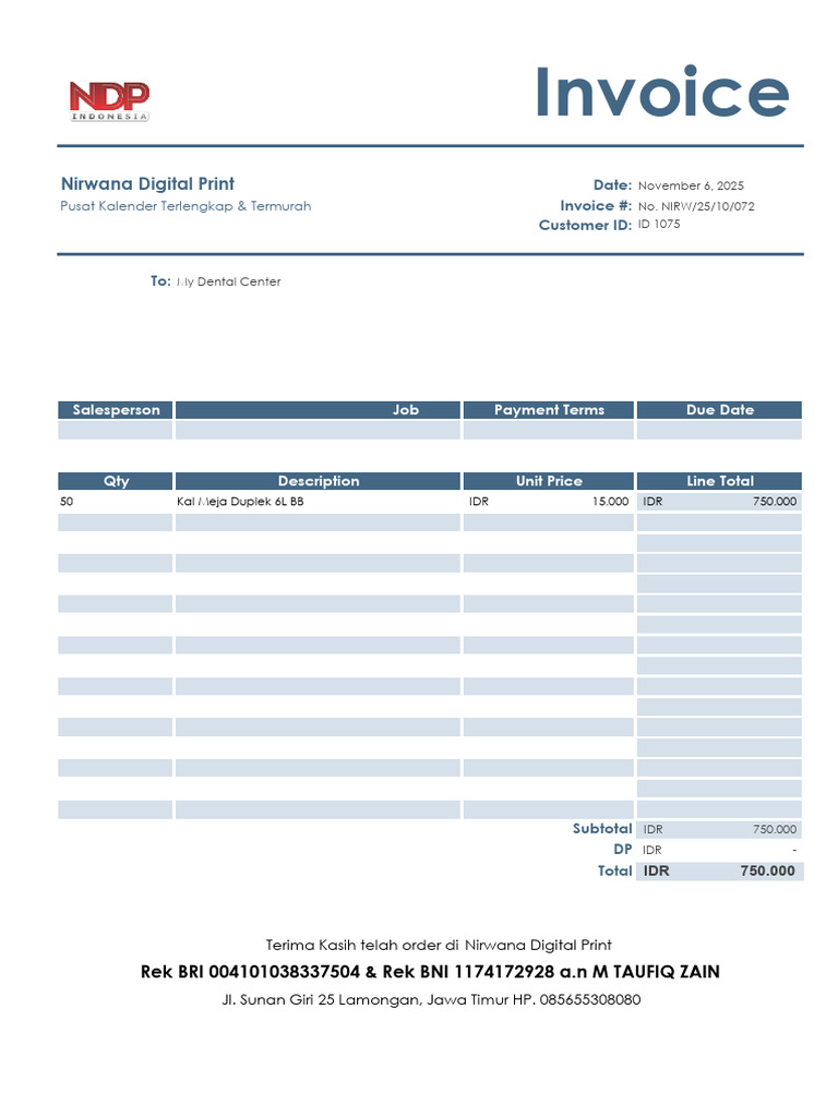 Invoice for Kal Meja Duplek Order | PDF