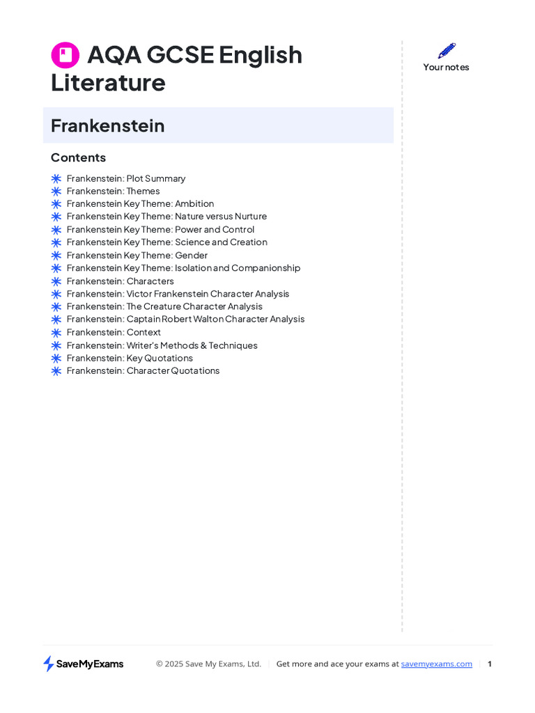 AQA GCSE Frankenstein Study Guide | PDF | Frankenstein | Prometheus