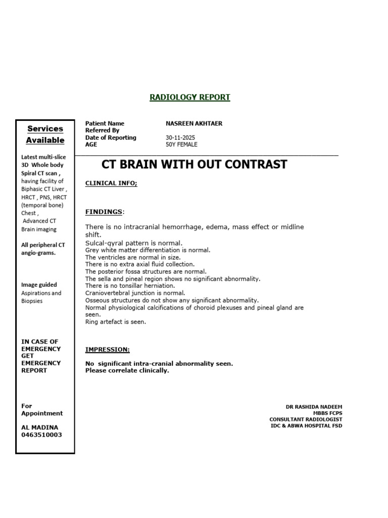 CT Brain Report: No Abnormalities Found | PDF