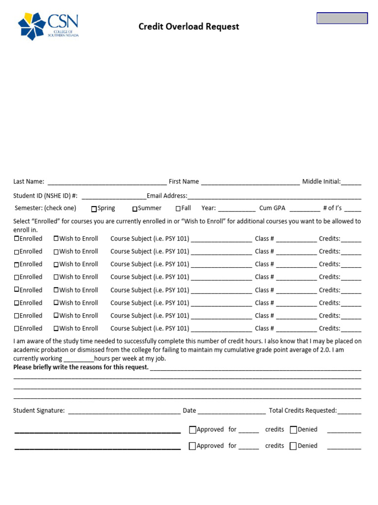 Credit Overload Request Form Guide | PDF | Course Credit | Gender