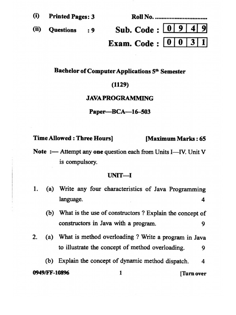 BCA 5th Sem Java Programming BCA-16-503 Dec 2019 | PDF