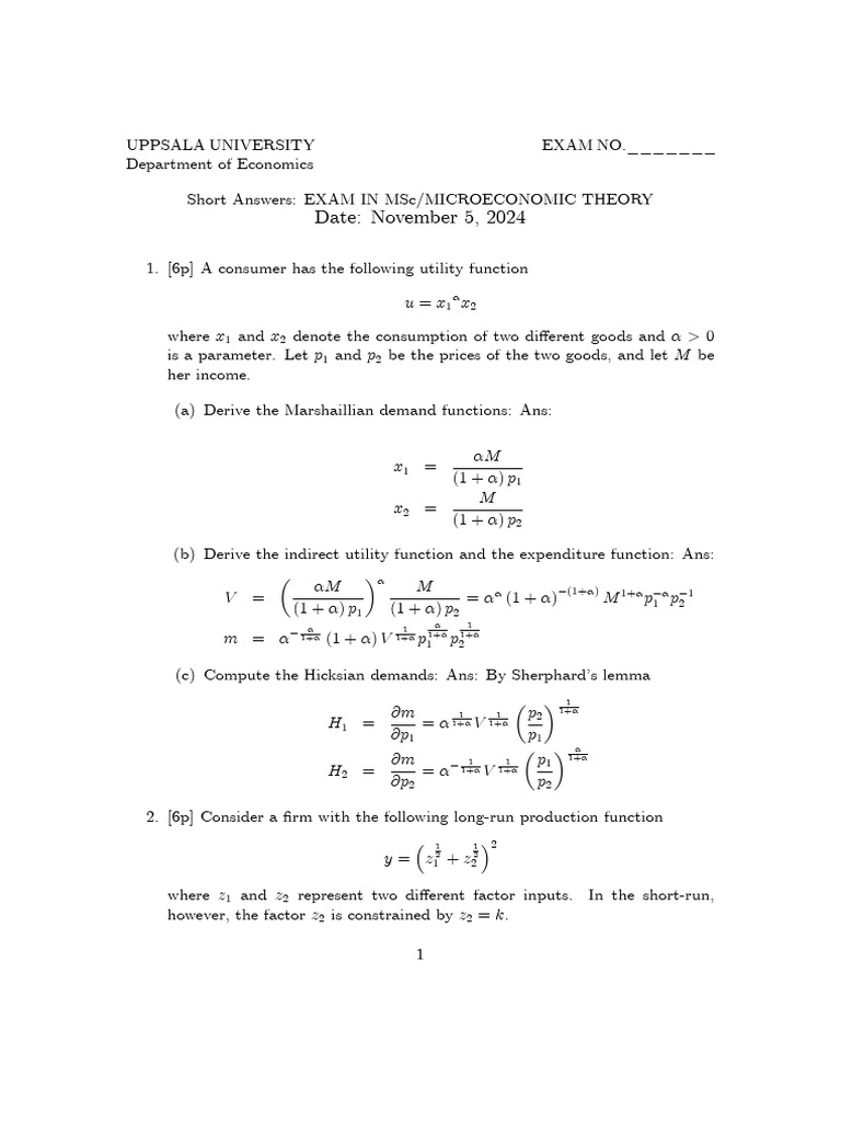 Microeconomic Theory Exam Solutions | PDF | Labour Economics | Demand
