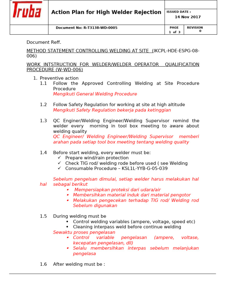 High Welder Rejection Action Plan | PDF | Welding | Construction