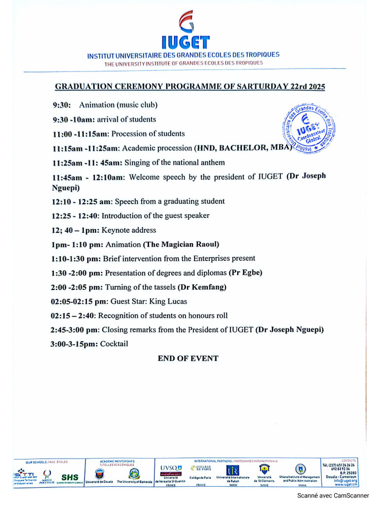 Graduation Ceremony Programme of Saturday 22nd 2025 | PDF