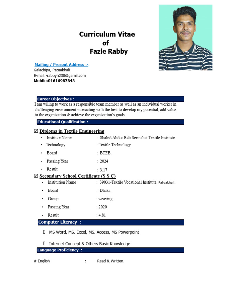 Fazle Rabby's Textile Engineering CV | PDF