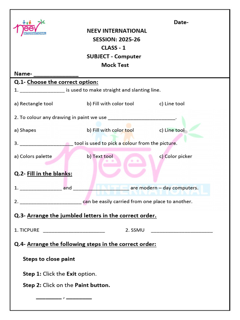 Class 1 Computer Mock Test 2025-26 | PDF | Chess Openings | Chess