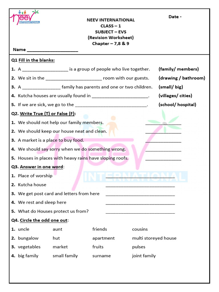 EVS Revision Worksheet for Class 1 | PDF