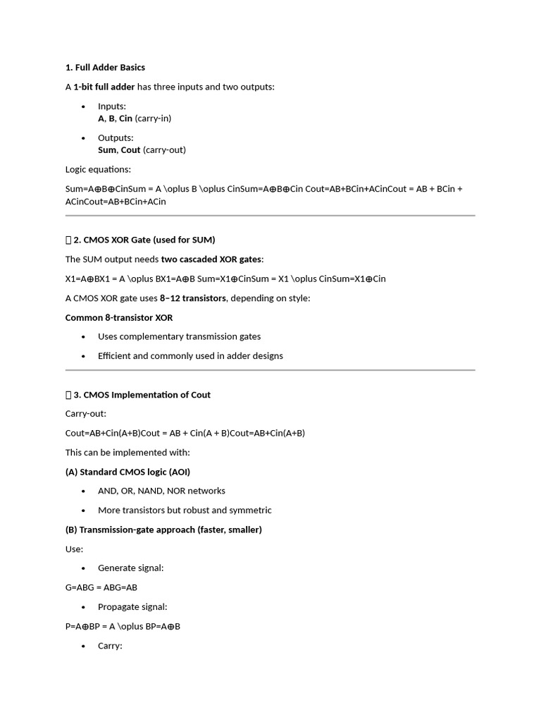 CMOS Full Adder Design Overview | PDF | Logic Gate | Cmos