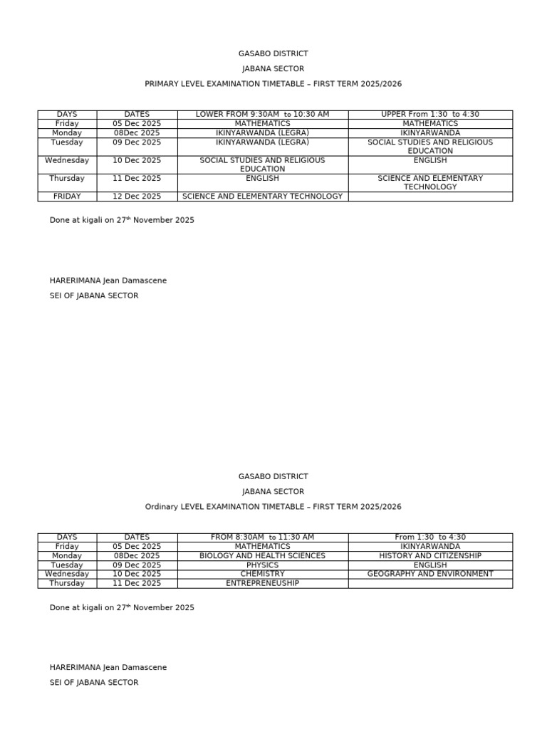 Jabana Sector Exam Timetable 2025/2026 | PDF