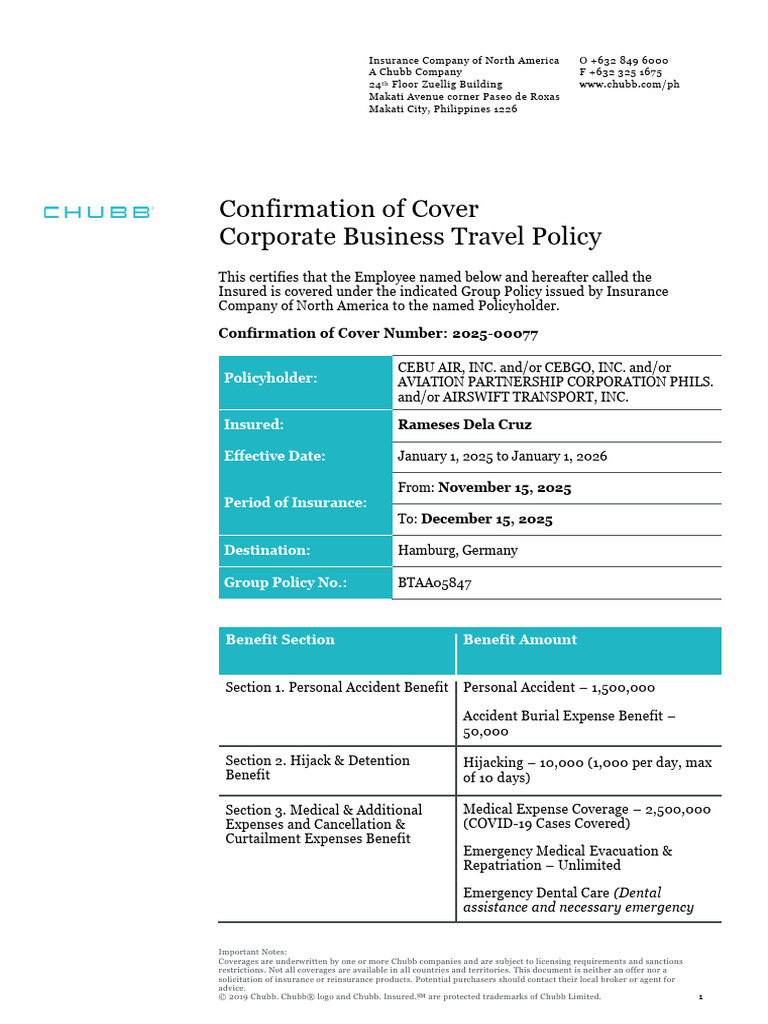 Corporate Travel Insurance Coverage Details | PDF | Insurance | Baggage