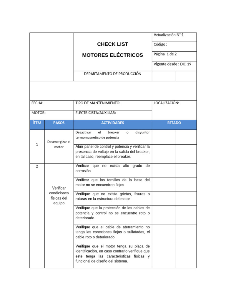 Mantenimiento de Motores Eléctricos: Checklist | PDF | Ingeniería ...
