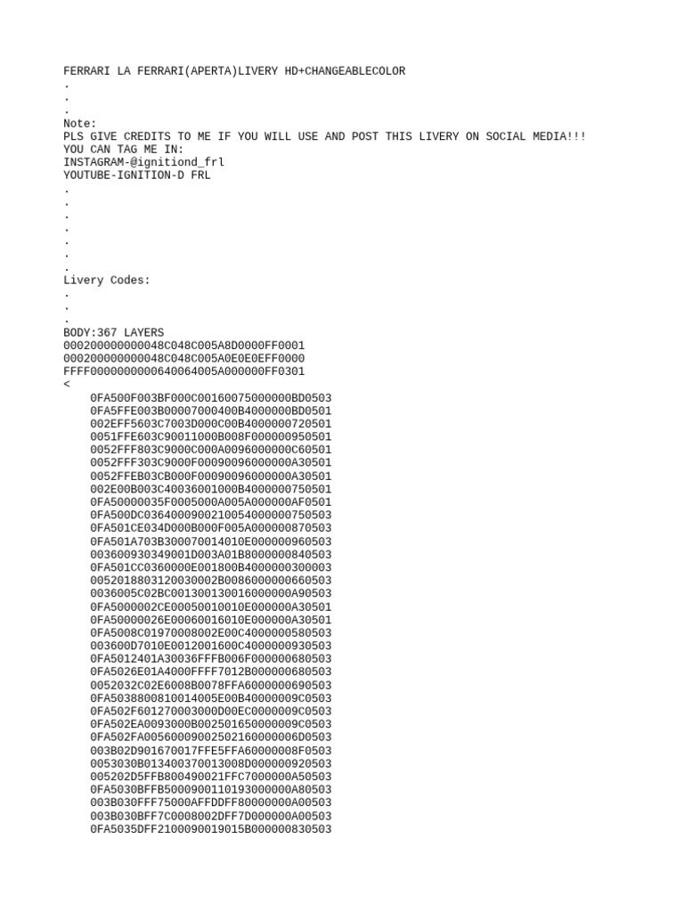 Ferrari LaFerrari Aperta Livery Codes | PDF