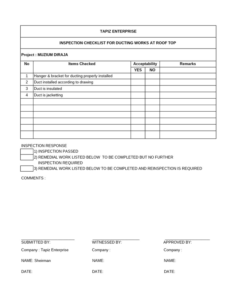 Ducting Inspection Checklist for Projects | PDF | Duct (Flow) | Temperature