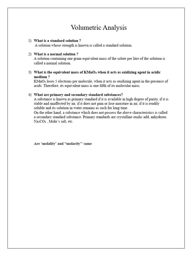 Volumetric Analysis: Key Concepts Explained | PDF | Titration | Chemistry
