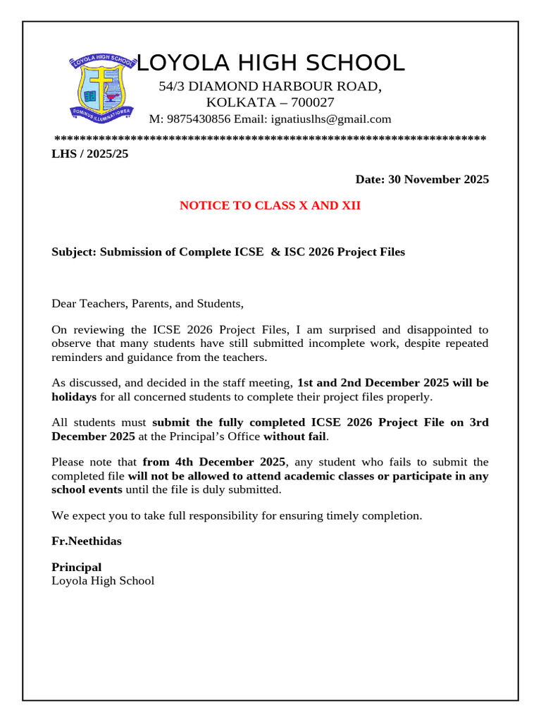 ICSE & ISC 2026 Project Submission Notice | PDF