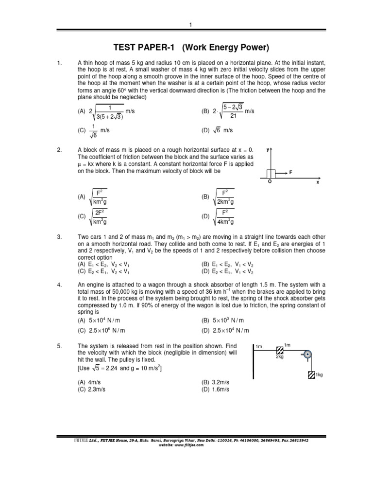 Work Energy Power Test Paper | PDF | Friction | Physics