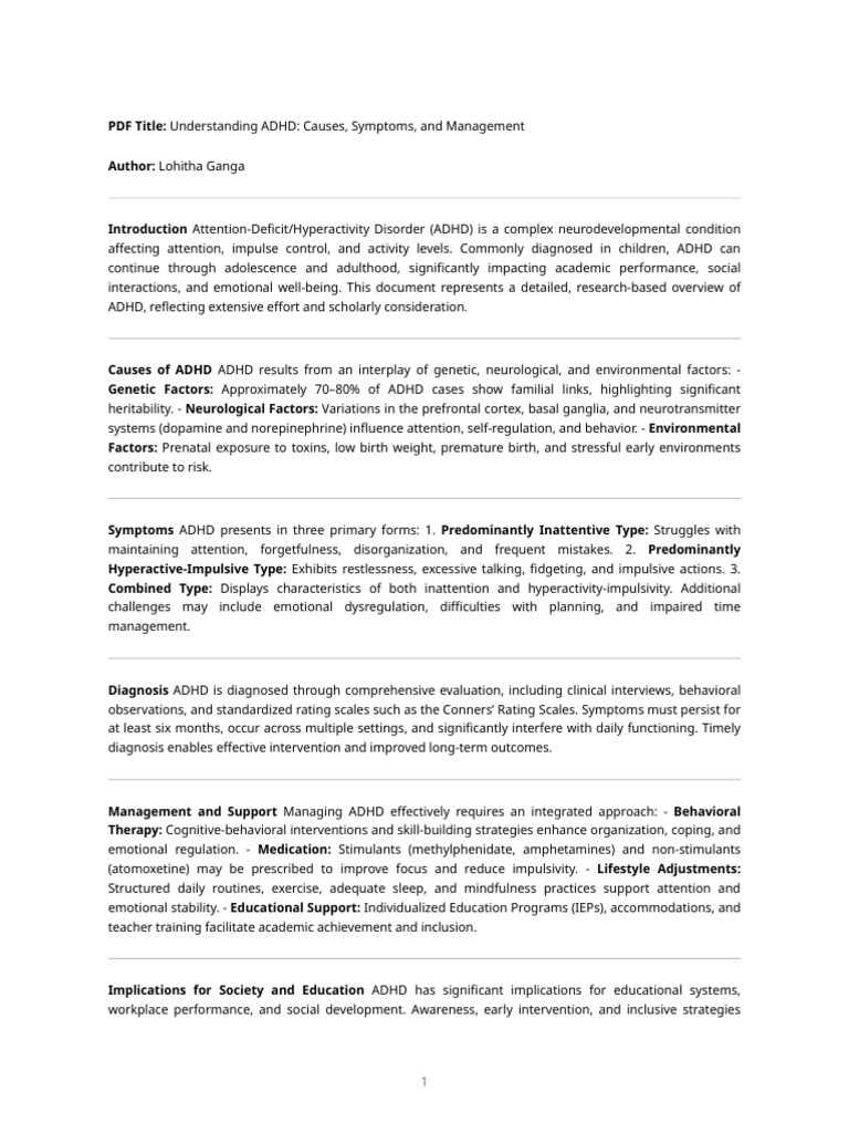 ADHD: Causes, Symptoms, and Management | PDF | Attention Deficit ...