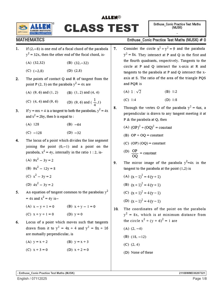 Conic Section Practice Test Questions | PDF | Ellipse | Perpendicular