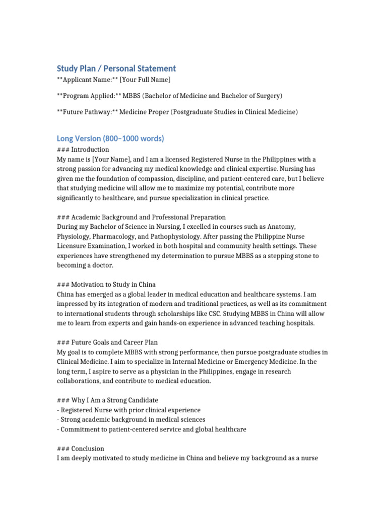 Study Plan Personal Statement Template | PDF | Medicine | Medical Education